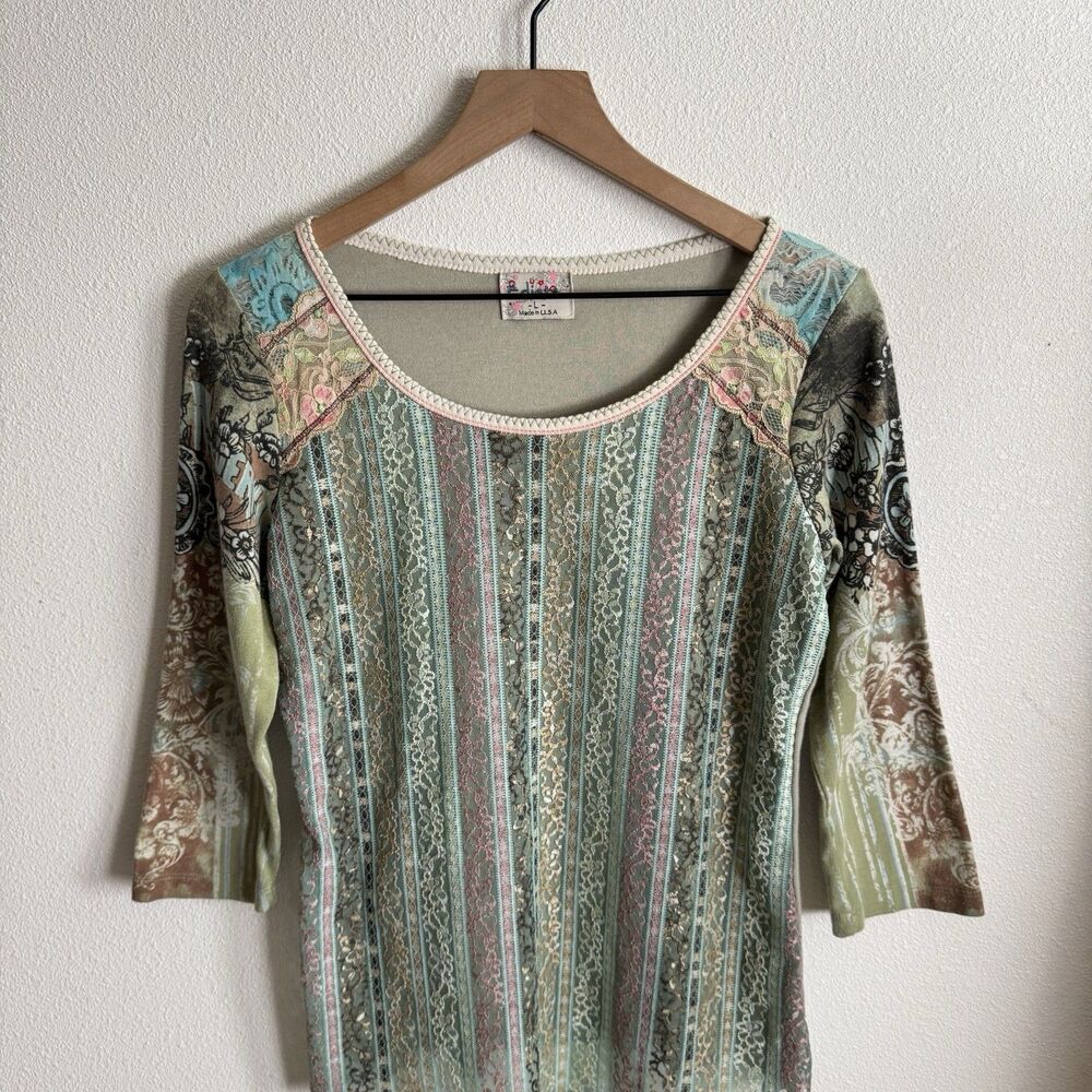 Vtg 90s‎ Lace Top Womens Large Pastel Pink Blue Phoebe Friends Festival Boho USA - Picture 2 of 16
